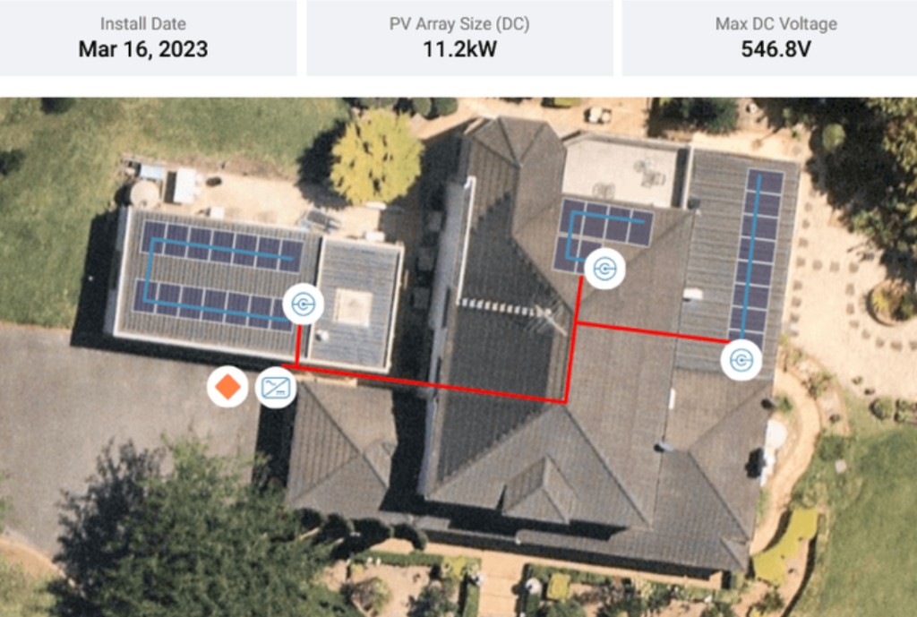 Solar site plan with string voltage sizing and cable routing