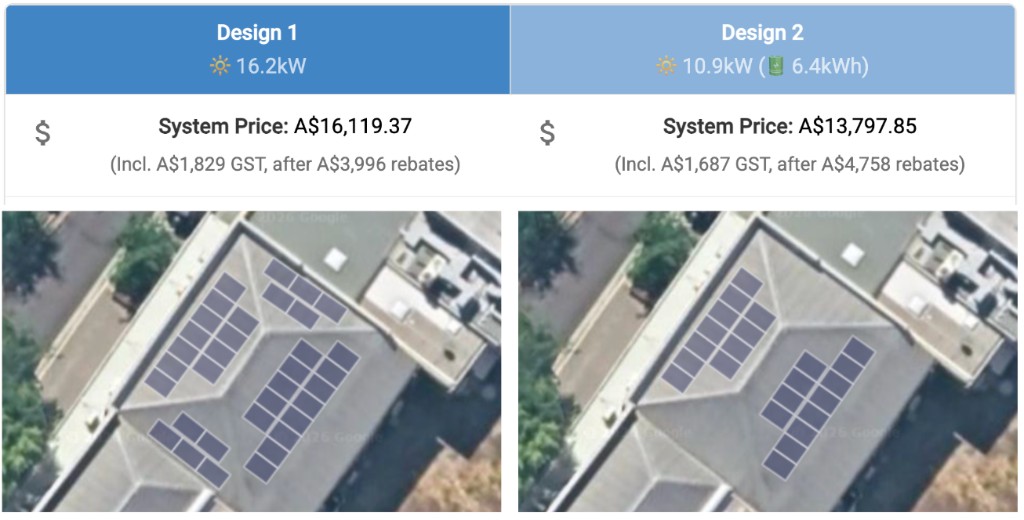 Side-by-side comparison of two solar system designs with different panel layouts and pricing