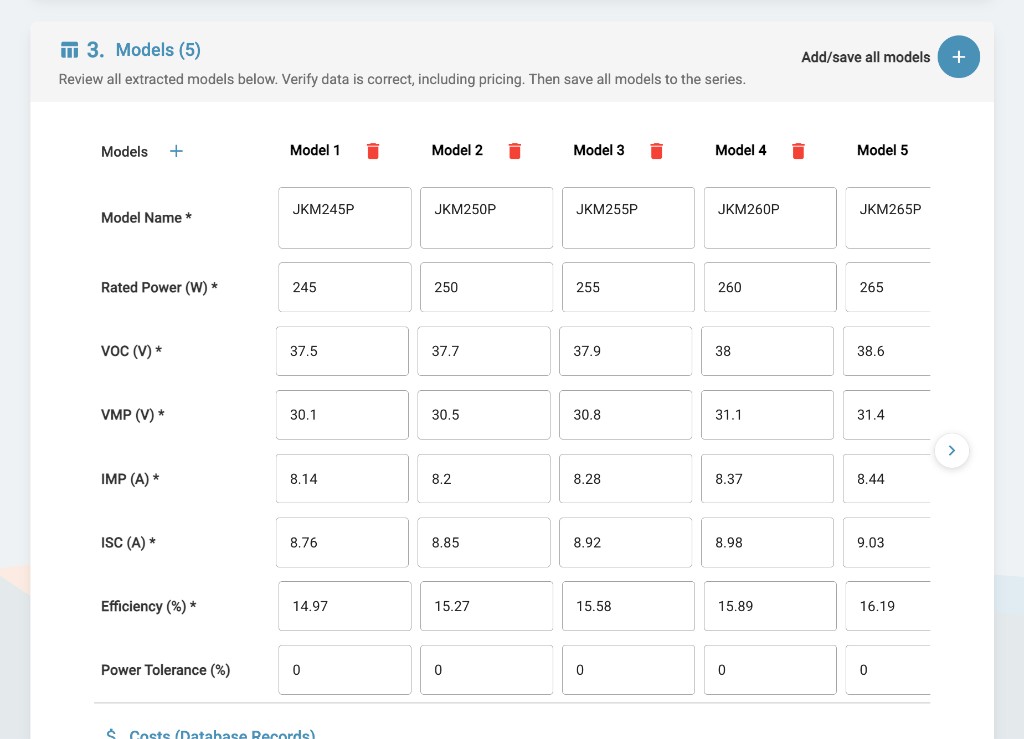 Step 3: Review extracted models with all specifications pre-filled