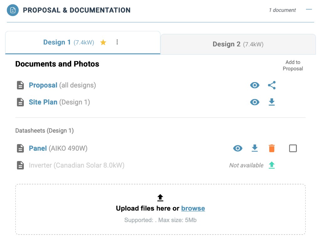 Photonik Proposal and Documentation tab with proposal, site plan, product datasheets, and file upload for one design.