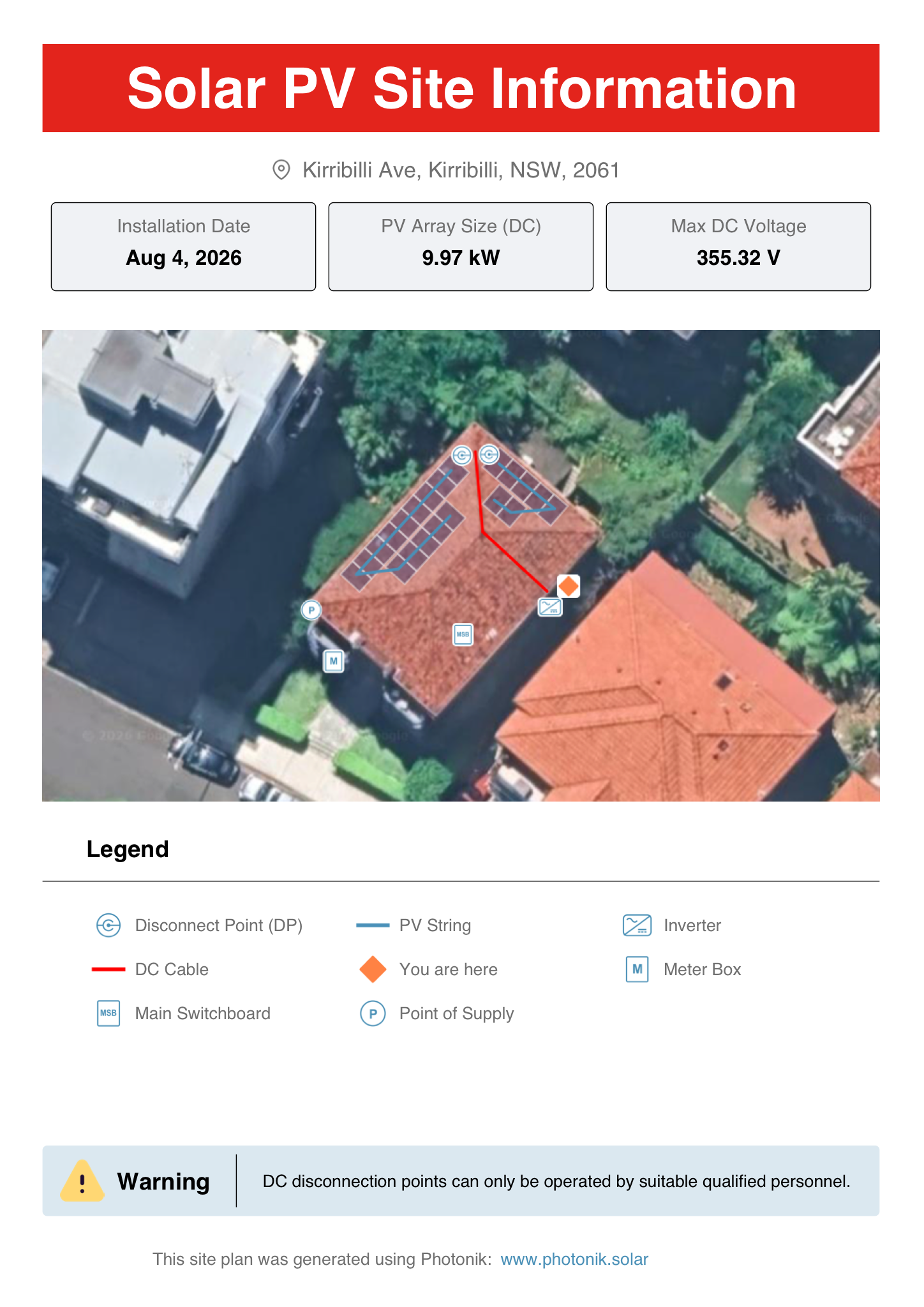 Example Photonik site plan PDF with panel layout, PV strings, inverter, switchboard, and equipment legend.