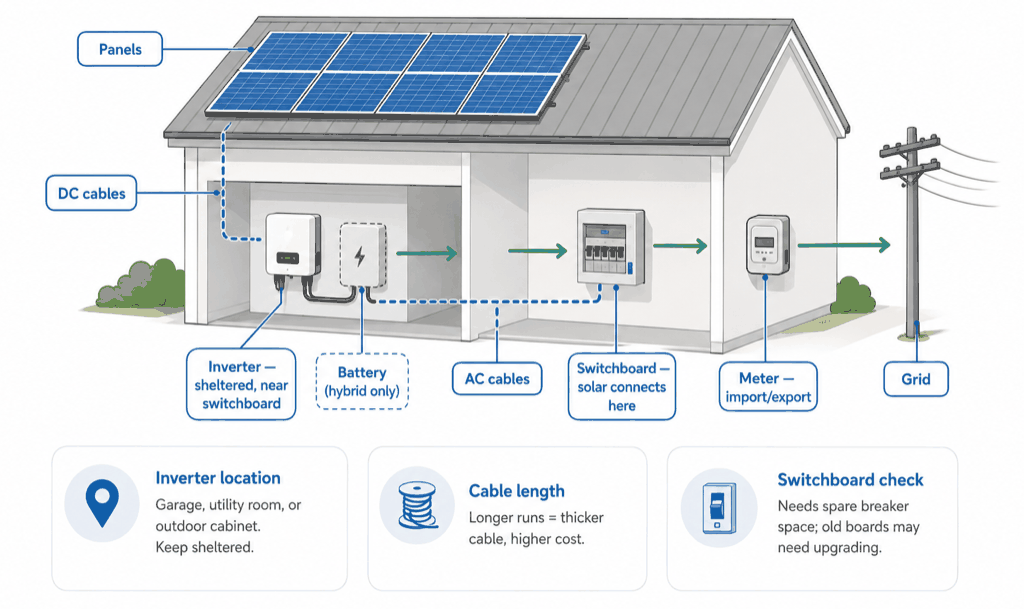 Equipment layout and cable runs: solar panels on the roof connect via DC cables to an inverter (and optional hybrid battery) inside the house, then AC cables to the switchboard, meter, and grid.