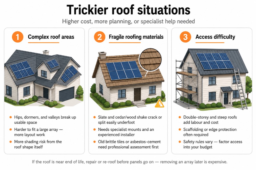 Trickier roof situations: complex roof shapes break up usable space; fragile materials like slate and wood shake need specialist mounts; double-storey and steep roofs add access and scaffolding costs.