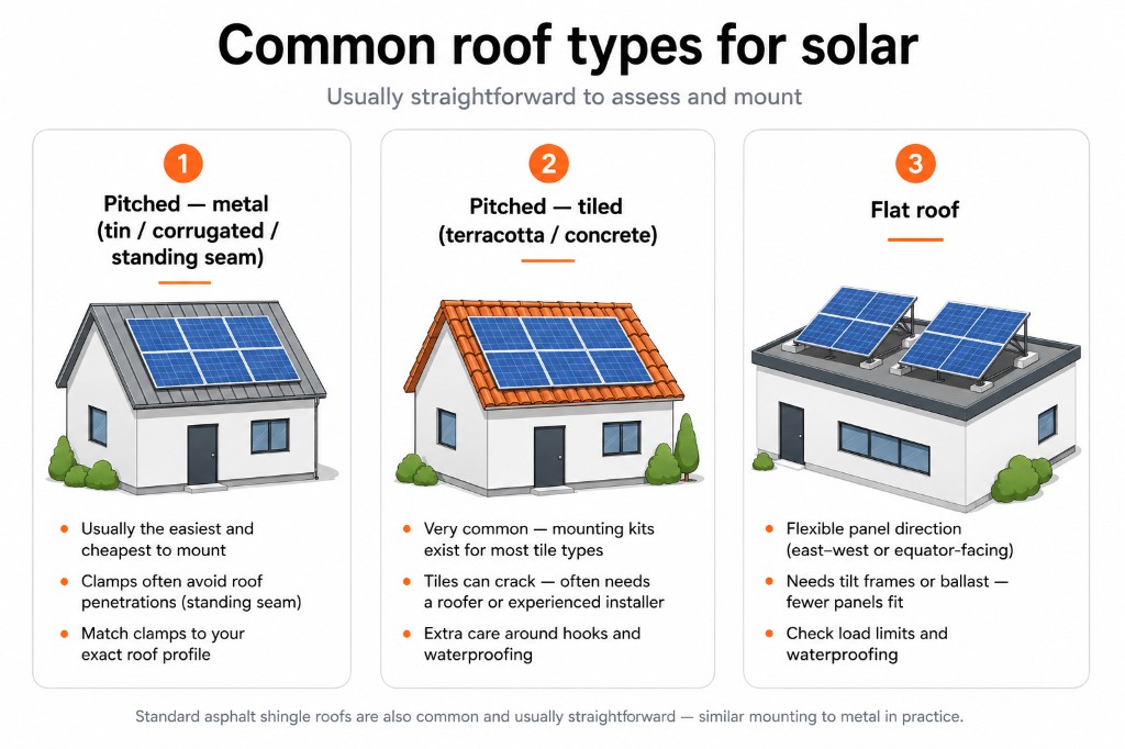 Common roof types for solar: metal pitched roofs are usually easiest to mount; tiled roofs are common but need care; flat roofs need tilt frames and row spacing.
