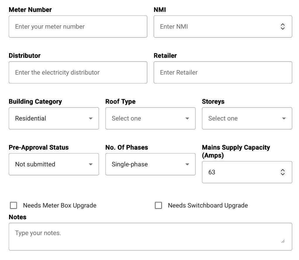 Optional fields on Project Details in Photonik for meter, NMI, distributor, retailer, roof type, storeys, phases, and switchboard notes.