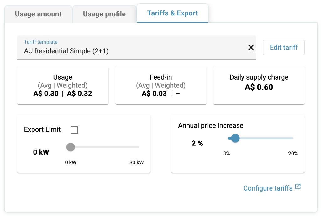 Energy Profile Tariffs and Export tab with tariff template, usage and feed-in rates, daily supply charge, and export limit.