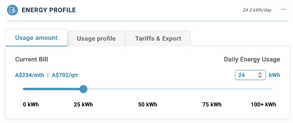Energy Profile Usage amount tab with daily kWh slider, number field, and estimated current bill.
