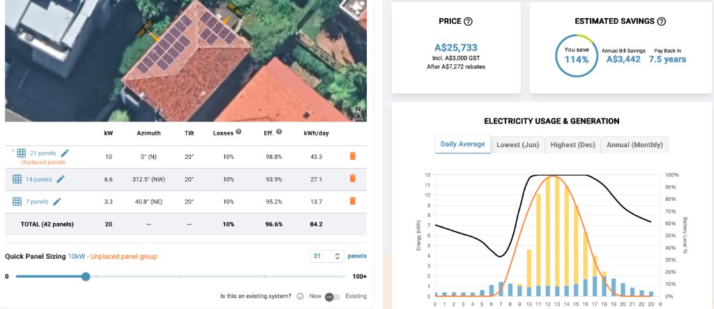 System Design in Photonik with Quick Panel Sizing on the left and live price, savings, and Electricity Usage and Generation chart on the right.