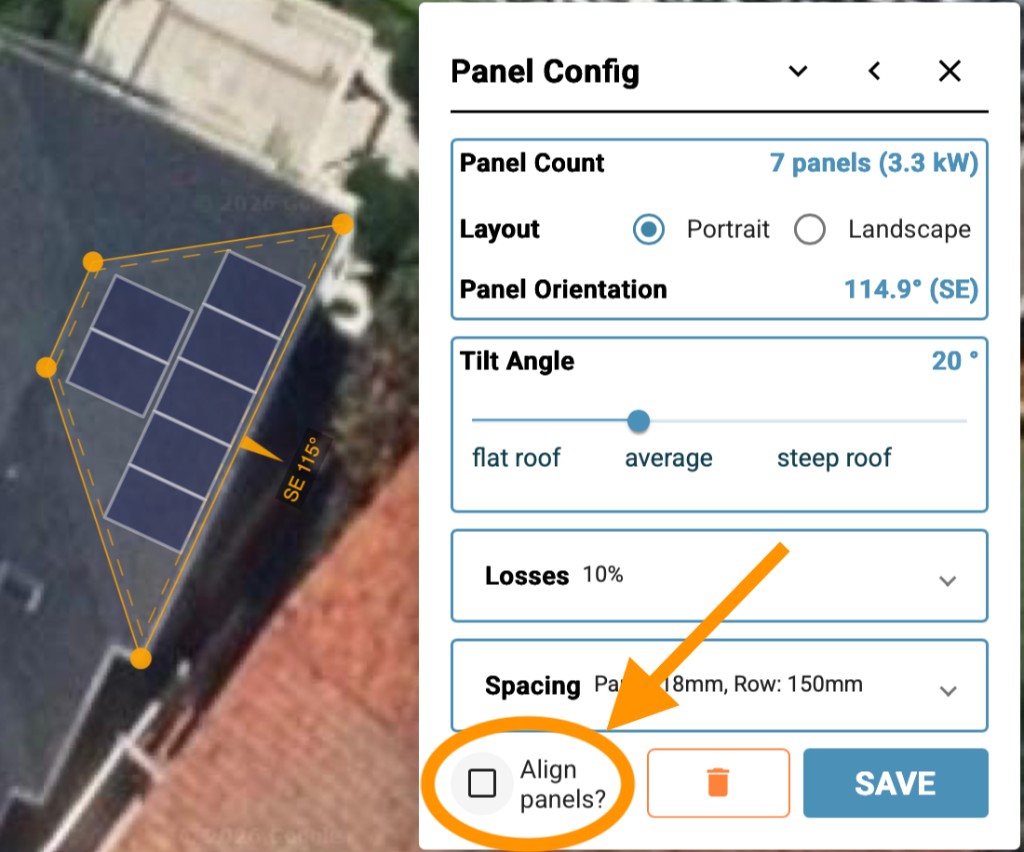 Panel Config with Align panels unchecked and staggered panel layout on the roof.