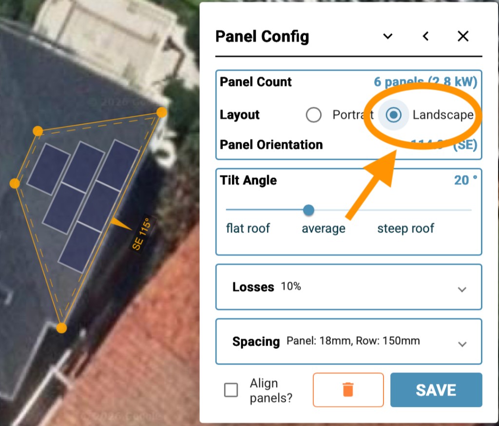 Panel Config with Landscape selected and panels shown in landscape orientation on the roof.