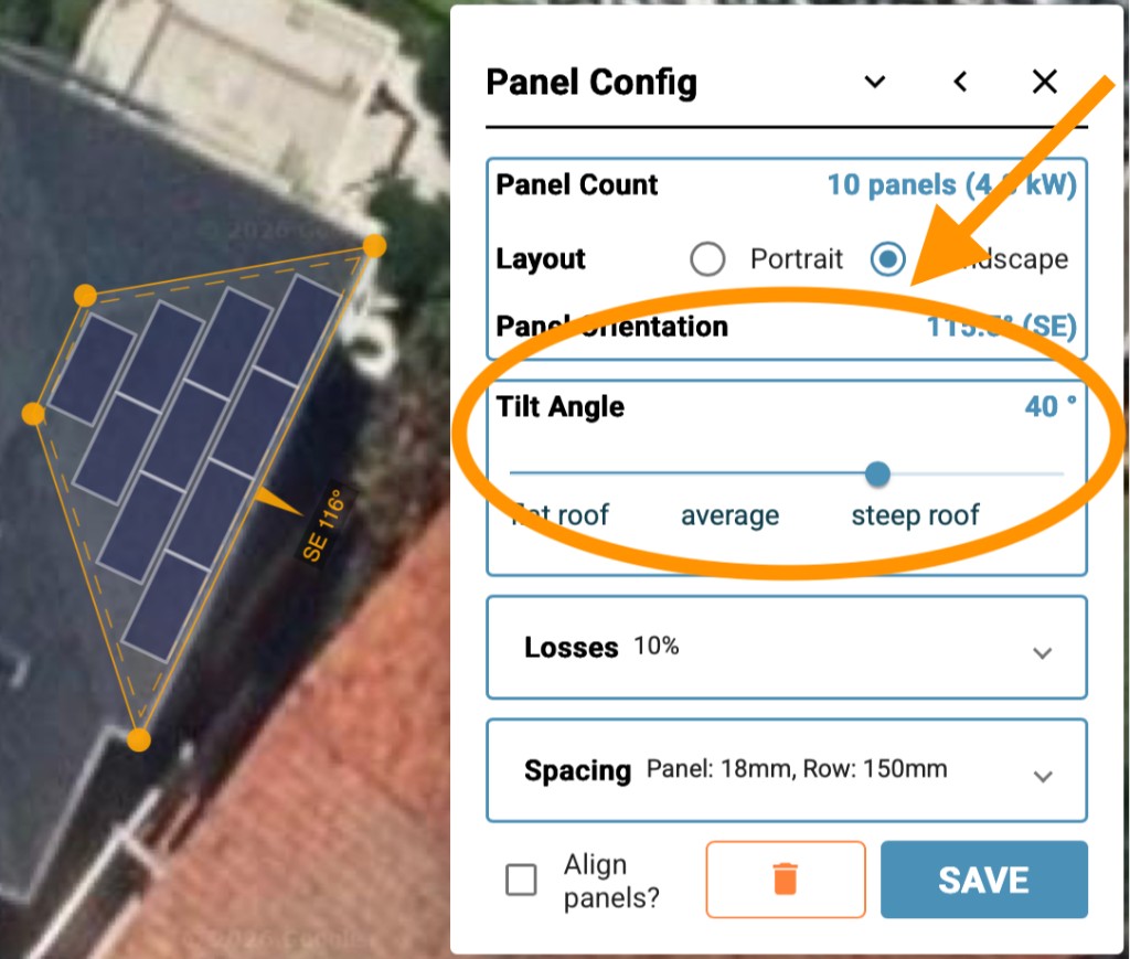 Panel Config tilt angle set to 40 degrees on a steep roof with panels on the map.