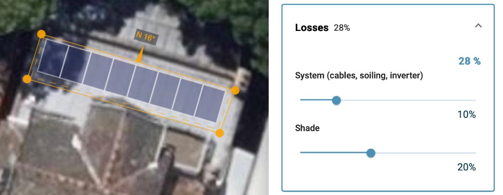Panel Placement losses panel with system and shade sliders for a selected panel group on the roof map.
