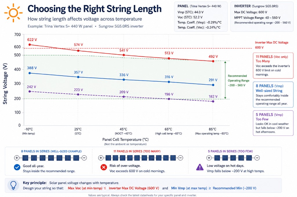 Worked example: string voltage vs panel cell temperature for 8, 11, and 5 panels in series using Trina Vertex S+ 440 W and Sungrow SG5.0RS; eleven panels exceed the inverter maximum DC voltage when cold, five panels fall below the recommended Vmp range when hot, eight panels stay in range.