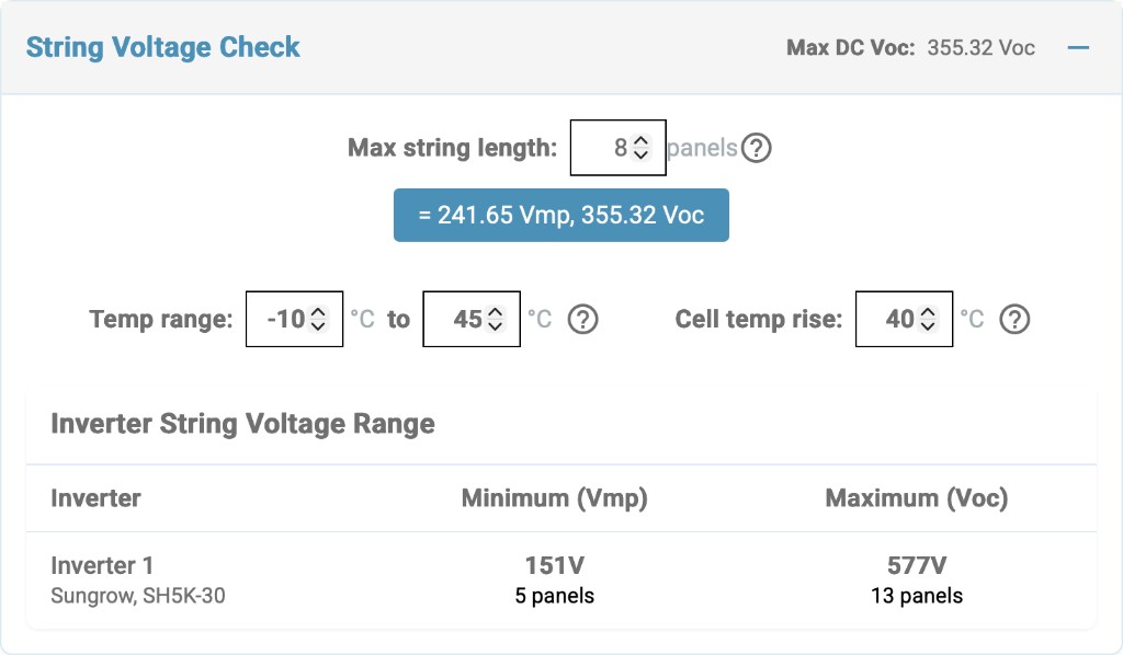 String Voltage Check in Photonik with string length, temperature inputs, and inverter min and max voltage columns.