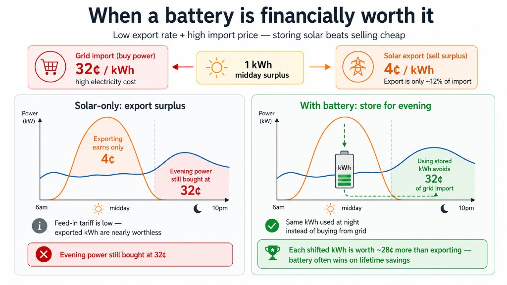 Tariff example where a battery pays off: grid import 32 cents per kWh, solar export 4 cents per kWh — storing surplus avoids expensive evening imports while exporting earns very little.