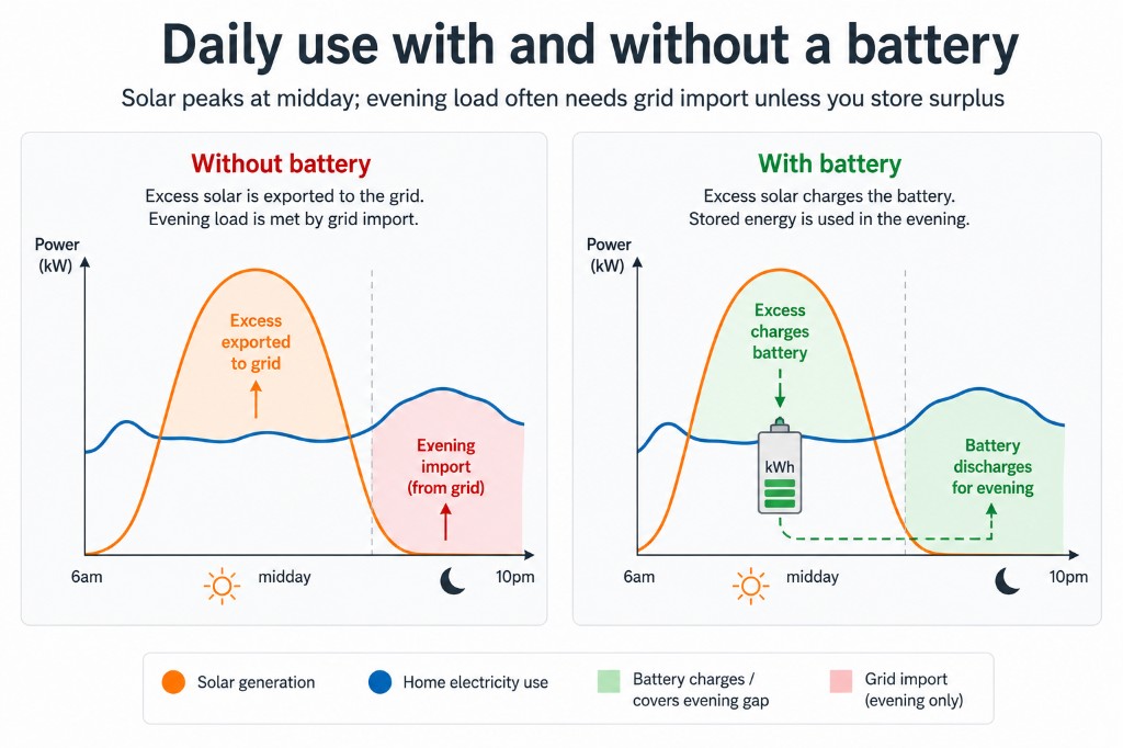 Daily electricity use with and without a battery: without a battery, excess solar is exported and evening load is imported from the grid; with a battery, excess solar charges storage and the battery discharges in the evening.