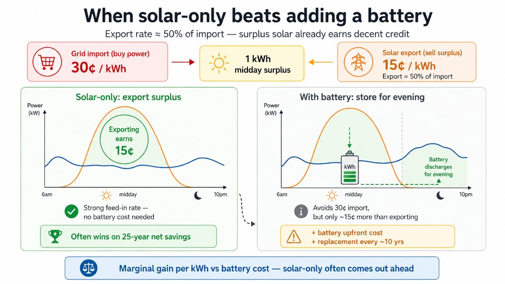 Tariff example where solar-only wins: grid import 30 cents per kWh, solar export 15 cents per kWh — export at 50% of import means surplus solar already earns decent credit without battery cost.