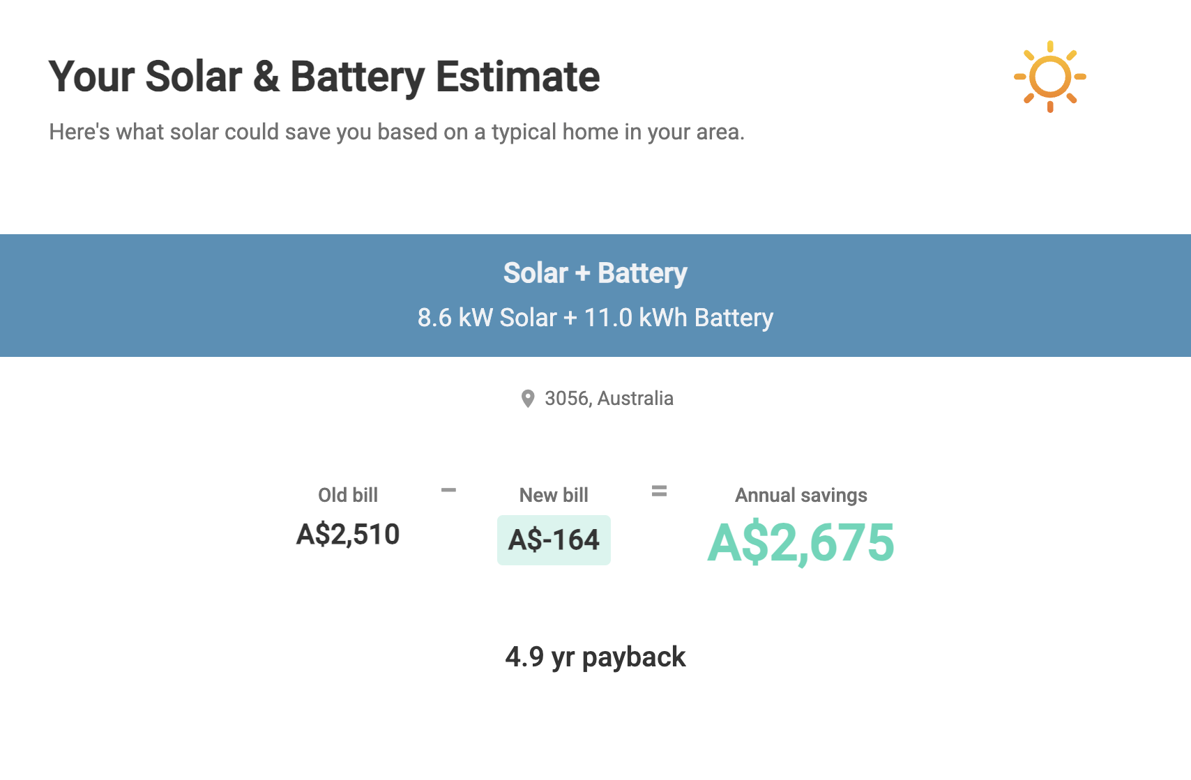 Solar savings estimate showing annual savings and payback period